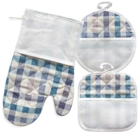 Guantone e presine in tessuto riciclato da ricamare a Punto Croce, Set Guanto da forno e presine ecosostenibili, Guantone da forno e presine con Tela Aida in tessuto scozzese riciclato (07 Azzurro)