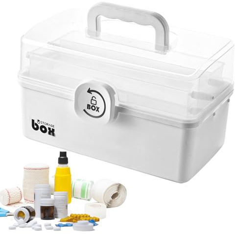 WANDGU Contenitore per medicinali a 3 livelli, multifunzione, con maniglia per medicinali, per la casa, 29 x 16 x 15,7 cm, bianco, 29*16*15.7CM