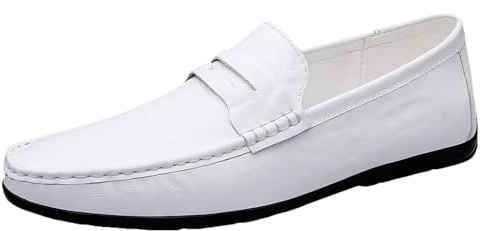 rismart Mocasin Hombre Casual Cuero Zapato Ponerse Conducción Plano Zapatilla Blanco,41.5