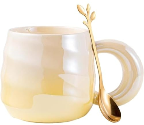 FülleMore Farbverlauf Porzellan Kaffeebecher mit Löffel 380ml große Kaffeetasse mit Henkel spiralenförmige Frühstückstasse Süße Bürotasse Milchbecher Geschenk für Mädchen Frau Oma (Gelb)