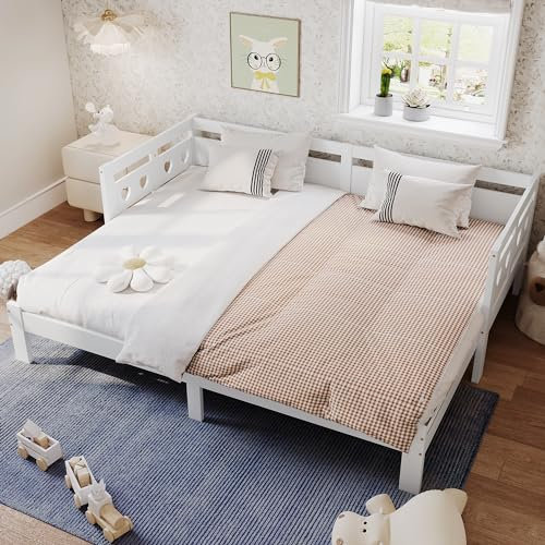 Daybett Tagesbett, Ausziehbar Bett, 90 * 200cm, Kiefer massiv, mit 2. Schlafgelegenheit und Rollrost Herzform Bett (weiß)