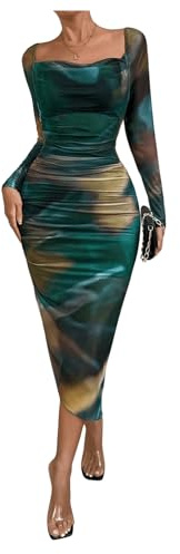 GORGLITTER Women's Square Neck Tie Dye Midi Dress Long Sleeve Ruched Bodycon Evening Party Club Prom Dresses Green Multi L