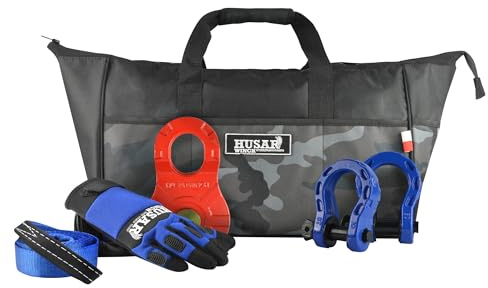 Husar Winch CONJUNTO OFF ROAD : Kit Completo De accesorios Ideal Para Todoterrenos: 1 x Bolsa De Accesorios, 2 x Grilletes De 8T, 1 x Polea De 15T, 1 x Guantes, 1 x Eslinga De Remolque De 3M4T