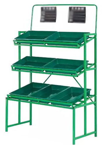 Panier de Fruits et Legumes avec Roues Présentoir de paniers de marché à 3 niveaux, organisateur d'étagères de paniers de présentation au détail avec 7 paniers en plastique pour épiceries, supermarch