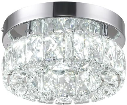 LEONTYNE Modern Crystal LED Ceiling Light,Energy-Efficient Chandelier with K9 Crystals & Stainless Steel,Dia 20cm Flush Ceiling Light for Hallway Kitchen Bedroom Living Room Lounge(Cool White)