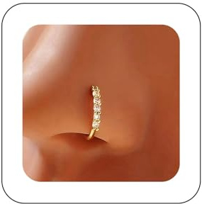 Inilbran Anneau de Nez Boho Vintage en Cristal CZ avec Clip et Barre en Or Faux - Sans Piercing avec Strass pour Femmes