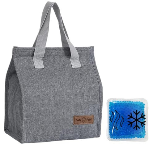 Bolsa Térmica Porta Alimentos, con Gel Frio/Calor, Lunch Bag, Paquete Gel Termico, Nevera Portatil, Bolsa Comida Trabajo, Oficina, Viajes, Bolsa Isotermica Impermeable, 7.5 litros (Gris)