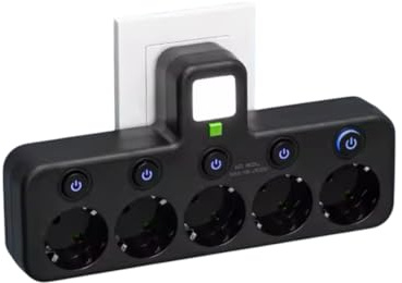 Regleta de pared con 4 enchufes EU, 2 puertos USB, 1 puerto tipo C, interruptores individuales (5 tomas negras)