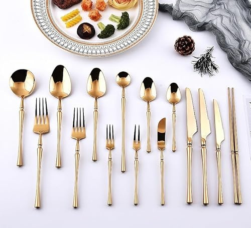 WDSOPK Juego De Vajilla Asiática De Cucharas Soperas De Estilo Europeo, De Acero Inoxidable Dorado, De 2 Piezas, Cuchara Y Tenedor con Mango De Cerámica, Cuchara para El Té De L(Gold-4Set)