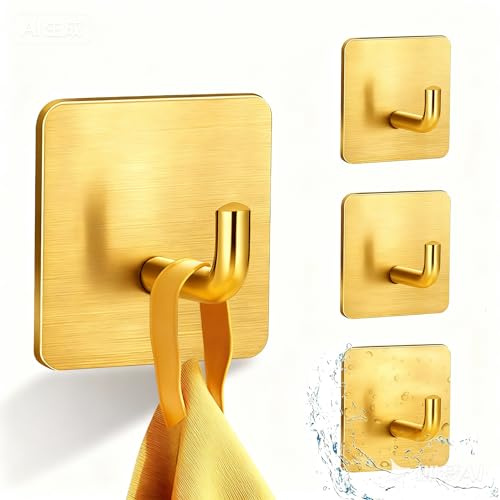 UNILECON Klebehaken Extra Stark für Badezimmer - 4 Stück 304 Edelstahl Selbstaht Klebe-Haken, ohne Bohren, für Küchen, Badezimmer und Toilettenkabinette（Gold）