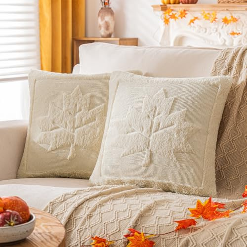 SINYASAN Beige Maple Leaf Fall Pillow Covers 18x18 Inches Set of 2 Fluffy Faux Fur Decorative Throw Pillow Covers for Couch, Soft Embroidered Farmhouse Cushion Cases for Autumn Home Décor
