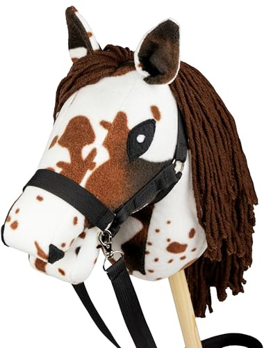 SKIPPI Hobby Horse Pío Alazán, A5 Caballo de Palo con Cabestro y Riendas en el Set, Caballo Blanco con Manchas Marrones