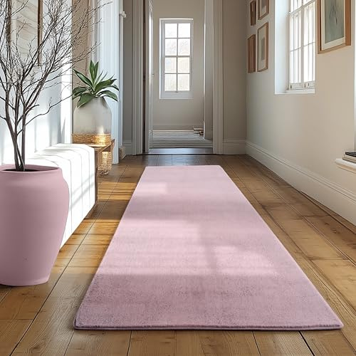 SIMPEX Läufer Teppich Rosa 80x250 cm Waschbarer Kurzflor Teppich, rutschfest & weich, modernes einfarbiges Design für Schlafzimmer, Küche & Flur