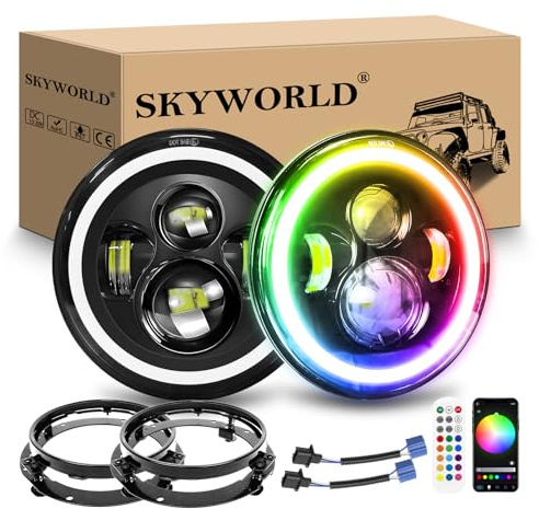 SKYWORLD 2 x 7 Pollici 50W 5000LM Rotonda Fari Led con Anello Di Montaggio | Off Road Lights Fire Cross Hi/Lo Fascio DRL Fari anteriori per Auto Moto Wrangler JK TJ LJ CJ Hummer, RGB Bianco