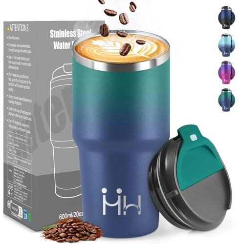 HoneyHolly Mug Isotherme 600 ML, Réutilisable, Tasse Isotherme pour Café, Acier Inoxydable 304, Emporter, Anti-fuite, Double Paroi, Étanche Gobelet de Voyage pour Café Chaud et Froid, Lait et Thé