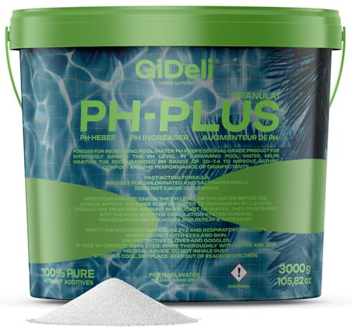 PH Plus granulado 3 kg en cubo para el valor del pH en piscinas, jacuzzi y jacuzzi, producto de cuidado de agua para agua cristalina, ideal para todo tipo de piscinas, dosificación sencilla de pH +