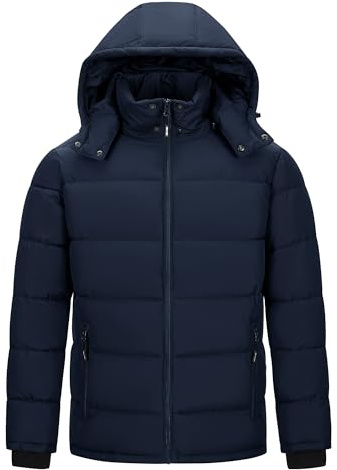 Outdoor Ventures Lätt quiltad jacka för män, vattentät övergångsjacka, vindtät varm vinterjacka, herr, dunjackor, vinterparkas med fodrad, avtagbar huva, ståkrage, Mörkblå, L