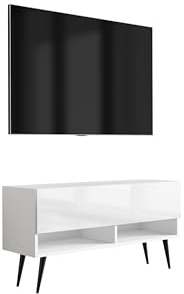 3E 3xE living.com Meuble TV 100 cm Blanc Mat/Blanc Brillant, Pieds obliques Noirs, 100 × 32 × 52 cm
