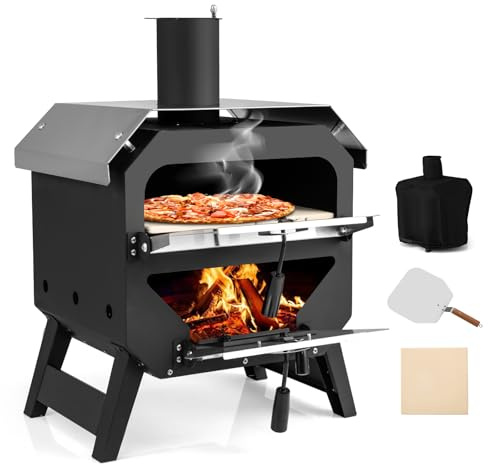 KOMFOTTEU Four à Pizza pour d'Extérieur avec Pierre à Pizza & Pelle à Pizzas, Gril en Bois portable avec Housse de Protection, Four Pizaas en Acier inoxydable, pour BBQ, Camping, Fête, Noir