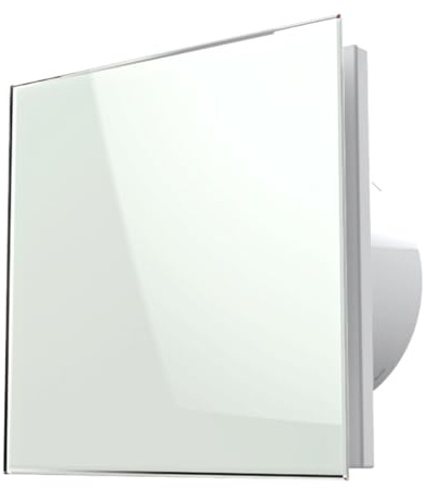 Vlano EOS 100 H WH Badlüfter mit Glasfront, Feuchtigkeitssensor und Nachlauf, Rückschlagklappe,100 m³/h, 25 dB, Weiß, IP 45, kugelgelagert, Wand-und Deckenmontage, Hygro, Timer