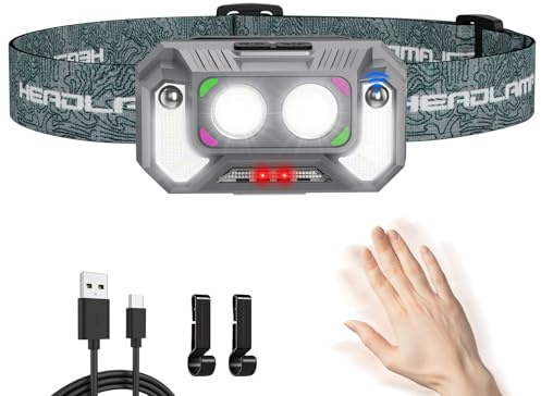 Karrong Leichte Stirnlampe Rotlicht, Motion Sensor 5 Modi Rotes und Blaues Stroboskop, USB-C Laden, 6 Std Laufzeit, Aufladbar Wasserdicht Kopflampe für Camping Laufen Angeln Arbeiten Notfall, 1 Pack