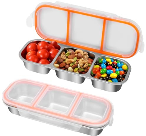 wishfly Snackbox mit 3 Fächern Edelstahl: 2 Stück Auslaufsicher Snackdose mit Deckel(600ml)-Tragbare Brotdose Kinder Meal Prep für Frische Snacks Salat Obst-Klein Bento Box Ideal für Büro Kinder