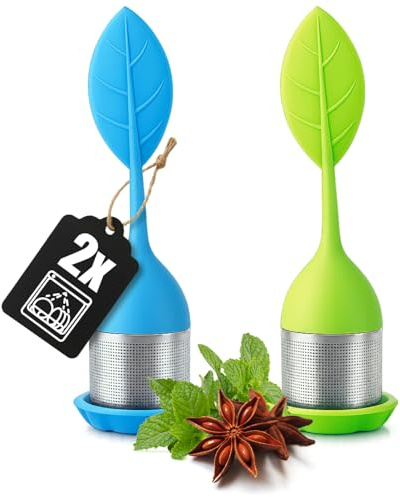 Wilhelm Sell® 2x Infusores de Té Acero & Silicona - Bola con Tapa y Soporte en 2 Colores - Filtro Fino para Té Suelto & Especias - Inoxidable