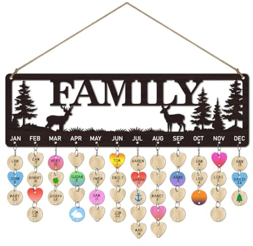 arricraft Calendrier de rappel d'anniversaire en bois, 40x12cm / 15.7 x4.7 Plaque en bois de rappel d'anniversaire de cerf de forêt de famille avec 100pcs Tags pour DIY Tracker Family Wall Decor