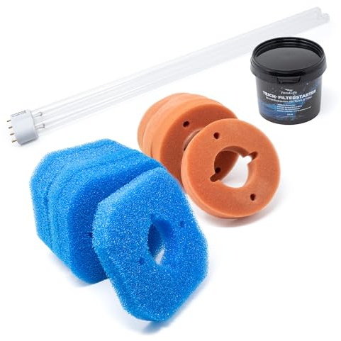 Pondlife Teichfilter Schwämme Wartungs-Set, kompatibel mit Oase FiltoClear 11000, 5x blau/grob & 4x rot/fein, inkl. UVC Lampe 11 Watt (4-Pin) und Filterstarter für die biologische Aktivierung