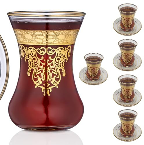 Juego de 6 vasos de té turcos marroquíes vintage y platillos, cristalería, tazas de té para fiestas, adultos, árabe, elegante, decorativo, para servir cocina persa, regalo para mujeres, vasos dorados