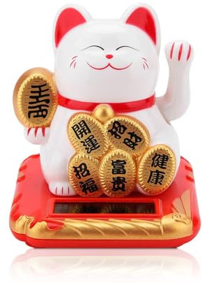 Maneki Neko, Chinese Solar Powered Waving Cat - Lucky Cat Fortune Wealth Home Car Decor