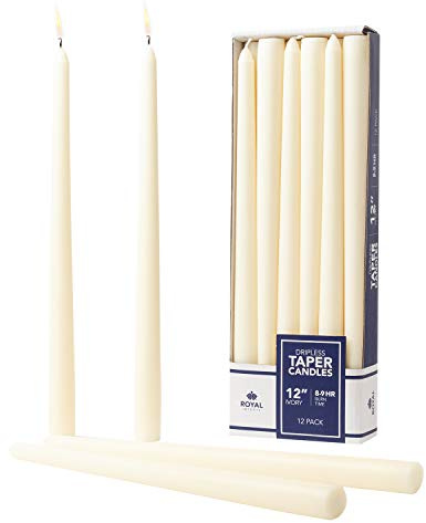Royal Imports Unscented Taper Candles, Elegant Premium Quality, Dripless & Smokeless, Hand-Dipped Dinner Candles for Wedding, Holiday, Home Decor - 9 Hour Burn Time - Set of 12 (12 Inch, Ivory)