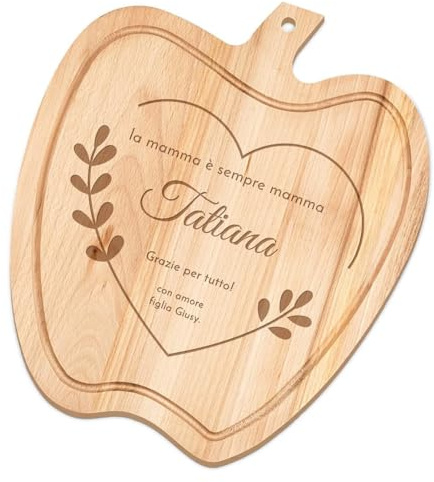 Maverton Tagliere in legno di faggio, a forma di mela | Incisione personalizzata, battilardo, dimensioni 32cm x 28cm, pensiero speciale per la donna, cuore