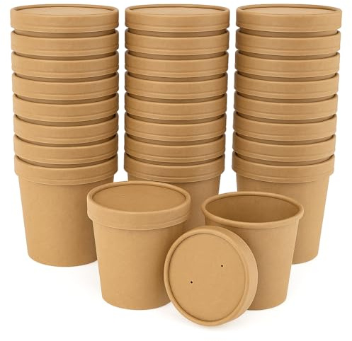Party Warehouse 50 x 16oz (450ml) Brown Kraft Paper Disposable Food Containers With Lids - Ideal for Soup and Ice Cream - Microwave Safe and Freezer Safe - 50 Cardboard Cups and 50 Lids - 16oz