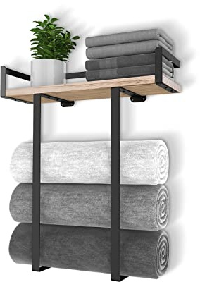 Xstydes Towel Racks for Bathroom Wall Mounted, Metal Towel Holder with Wooden Shelf for Folding Large Towels, Towel Storage for Small Bathroom Organizer Decor or RV Camping