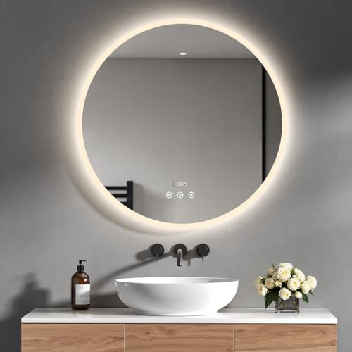 Heilmetz Miroir Salle de Bain LED Rond 70cm Diamètre, Miroir Mural Salle de Bain avec 4300K(Température Naturelle),Bluetooth, Interrupteur Tactile, Anti-buée, Horloge,pour Salle de Bain