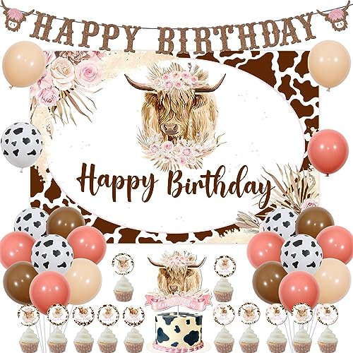 JOYMEMO Boho Hochland Kuh Geburtstag Dekorationen Mädchen, rosa braun Kuh Luftballons Party Dekoration mit alles Gute zum Geburtstag Hochland Kuh Hintergrund, Banner, Blumen Hochland Rinder Farm