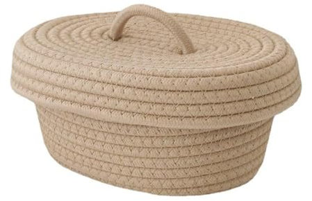 Cesto Portaoggetti Decorativo con Coperchio, Cesto Intrecciato con Coperchio, Simpatico in Corda di Cotone, in Corda di Cotone con, Cestino Portaoggetti Intrecciato(cachi)
