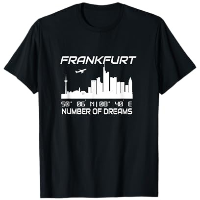GPS Coodinates and Skyline of your City of Dreams Frankfurt Main Skyline GPS Koordinaten Banken Wolkenkratzer T-Shirt Schwarz Unisex S EU 41.5 Klein Regular Casual Graphic T-Shirt