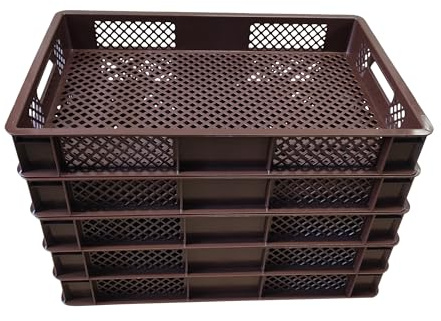 kanister-vertrieb® 5 x Eurobehälter/Stapelkorb durchbrochen, PE-HD Kunststoff, Industriequalität, lebensmittelecht, LxBxH 600x400x90 mm, braun