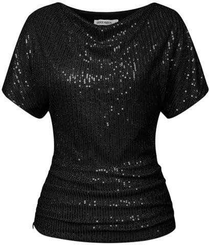 Damen Glitzer T-Shirt für Party Batwing Ärmel Rundhalsausschnitt Pailletten Oberteile für Club Schwarz XL