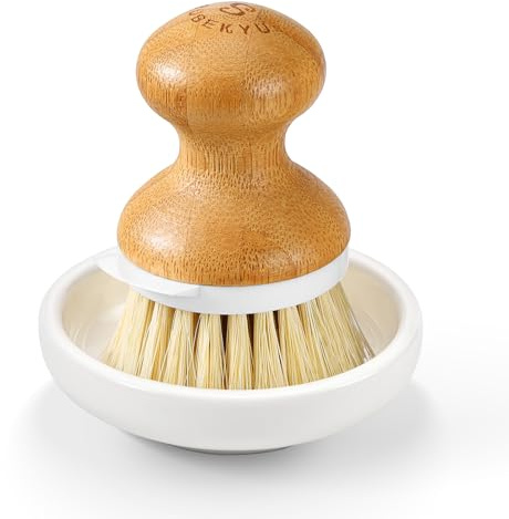 SUBEKYU Bamboo Dish Brush, Kitchen Dish Scrubber Brush, Natural Wooden Dishwashing Brush for Cleaning Dishes/Pans/Pots, Built-in Scraper, Sisal Bristles,1 Set