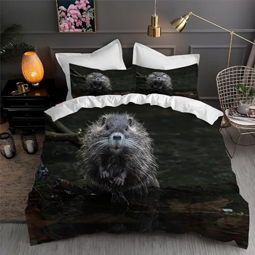 Housse de Couette 140x200 Castor, Parure de Lit 1 Personne Animaux Mignons, Douce Microfibre 3D Imprimée Housses Couettes avec 2 Taies d'oreiller avec Fermeture éclair E.11