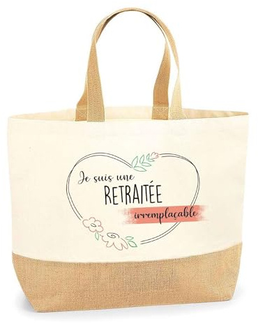 Planetee Sac Retraitée Irremplaçable | Cabas de Plage Courses Coton et Toile de Jute Idée Cadeau Femme
