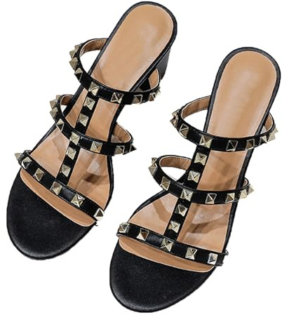 FamMe Décolleté con Rivetti da Donna Sandali con Punta Aperta Sandali con Borchie Slip On Chunky Block Tacco Alto con Cinturino sul Retro Abito da Sposa Pantofola Scarpe con diapositiva,Nero,40