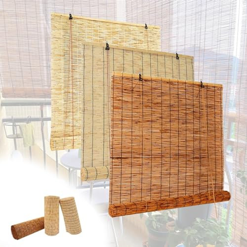 Rollo Bambus für Balkon Garten Wetterfest Bambusrollo Bambusvorhang für Fenster Und Türen Carbonization Rollo Bambus mit Lifter Anpassbar 80x100 120x140 150x180 160x200cm Anpassbar(Natural black line)