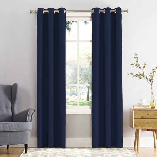 REHAN & CO Blackout Curtains for Bedroom Super Soft Thermal Insulated Black Out Eyelet Curtains with Tie Backs for Living Room, Kitchen Navy (W90 x L54 Inch 2 Panels)