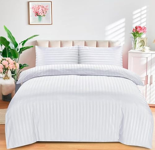 DTEX HOMES Double Duvet Set Brushed Microfiber Satin Stripes Easy Care Duvet Cover with Pillow cases (White-Double)