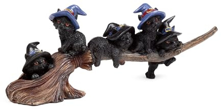 Puckator - Estatuilla Representante Gatos Negros con Sombrero de Bruja en Escoba Mágica - Pintado a Mano, Escultura Halloween y Casa
