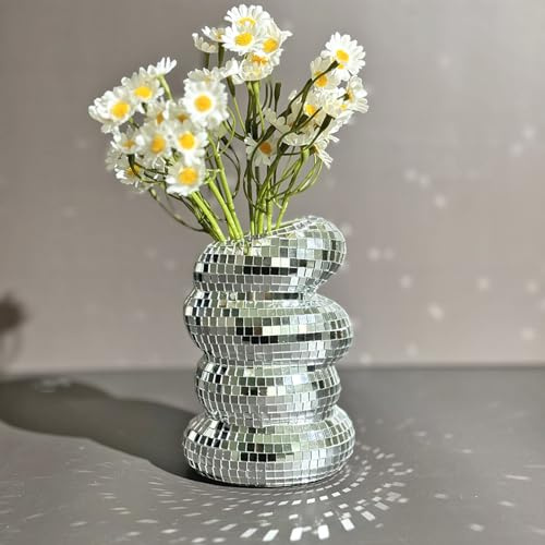 Disco Ball Spiral Vase Unique Glass Tiles Flower Bottle Disco Ball Planter Silver Mirror Vase for Home Living Room Kitchen Office Table Decor (Silver)